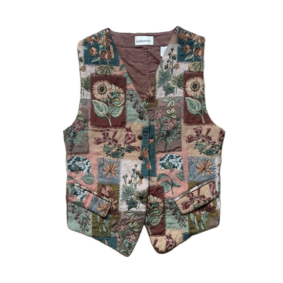 London Fog Jackets & Blazers - Vtg London Fog Womens Tapestry Vest Brown Floral Patchwork Cottage Farm Grandma
